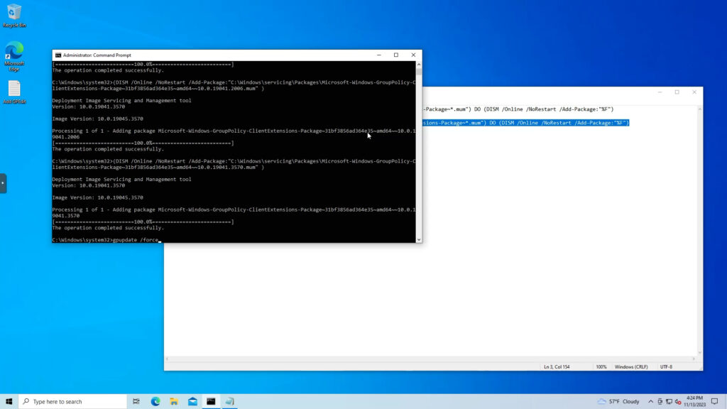 Running the command gpupdate in Windows